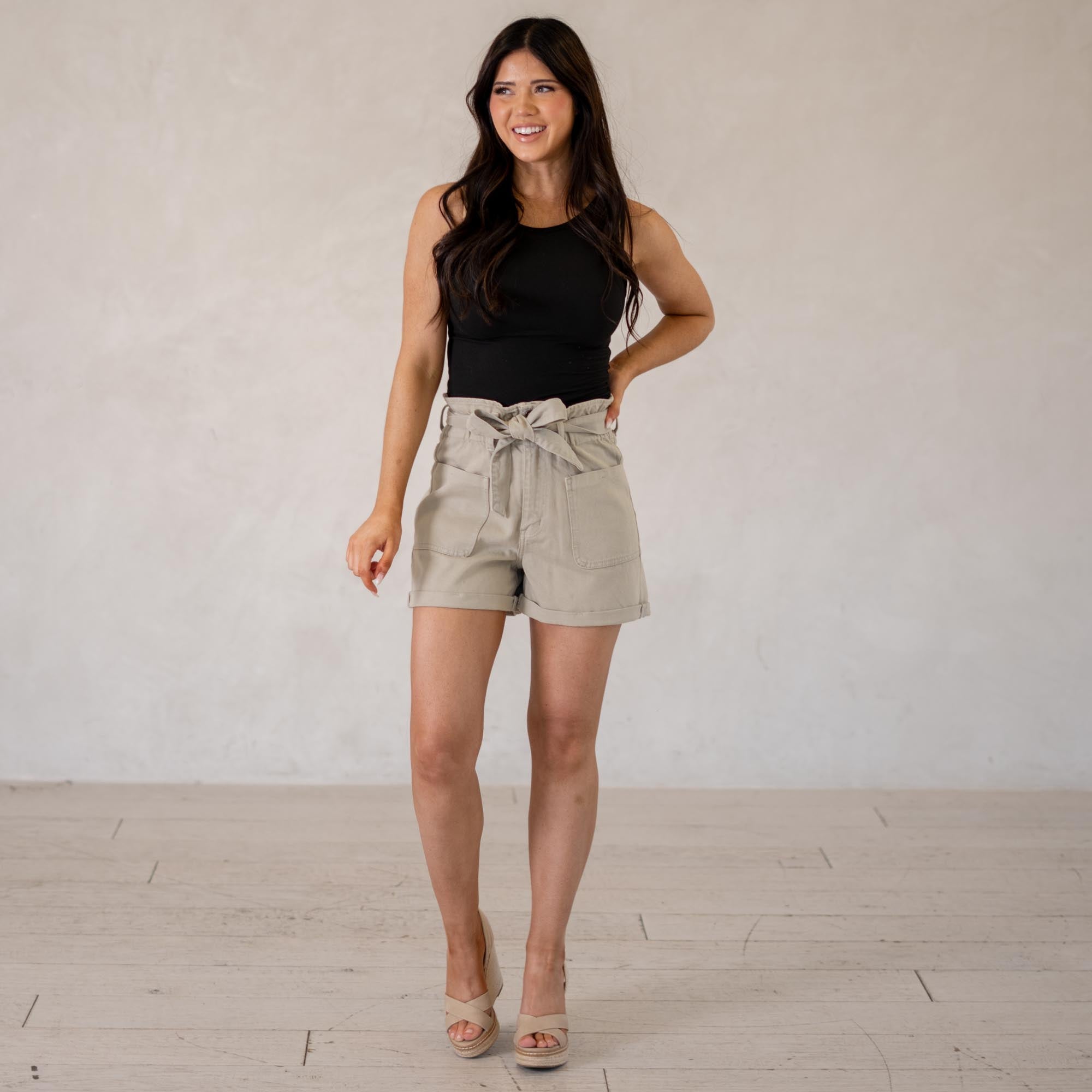 KanCan Laquell Ultra High Rise Belted Paperbag Shorts Khaki