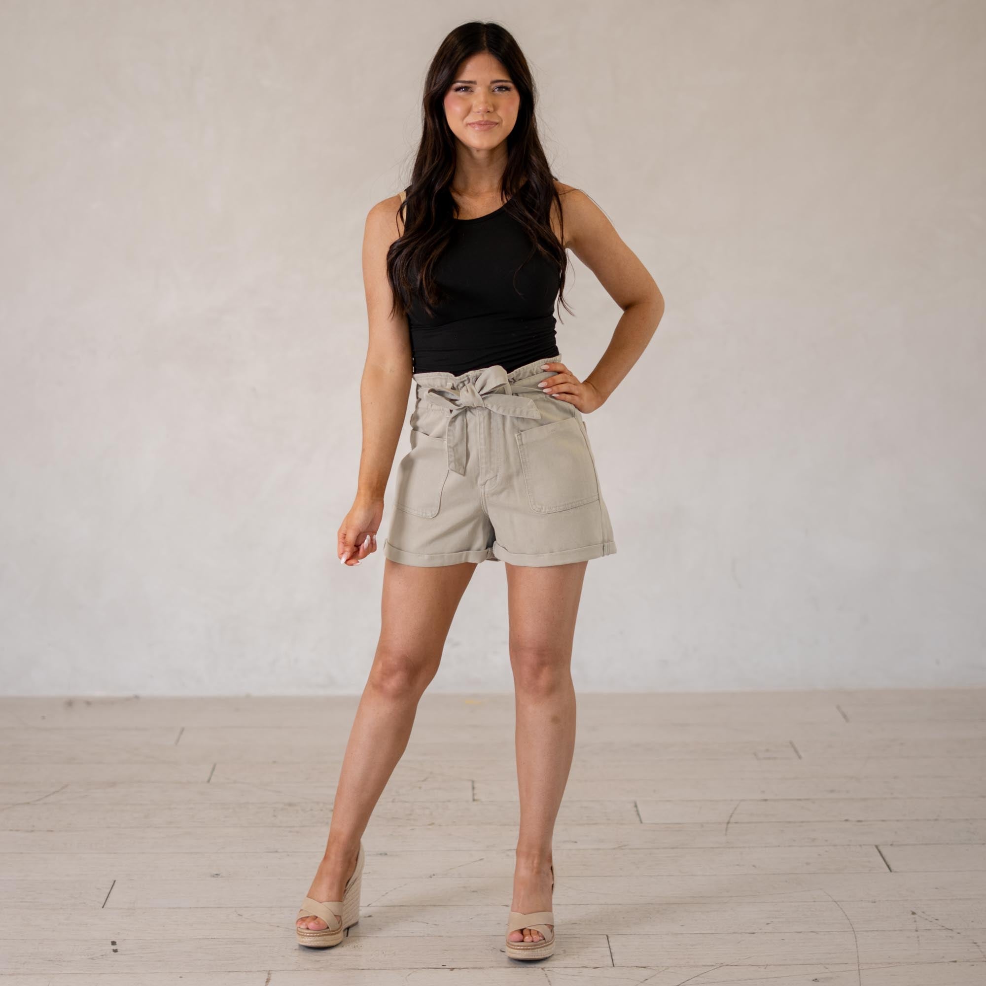 KanCan Laquell Ultra High Rise Belted Paperbag Shorts Khaki