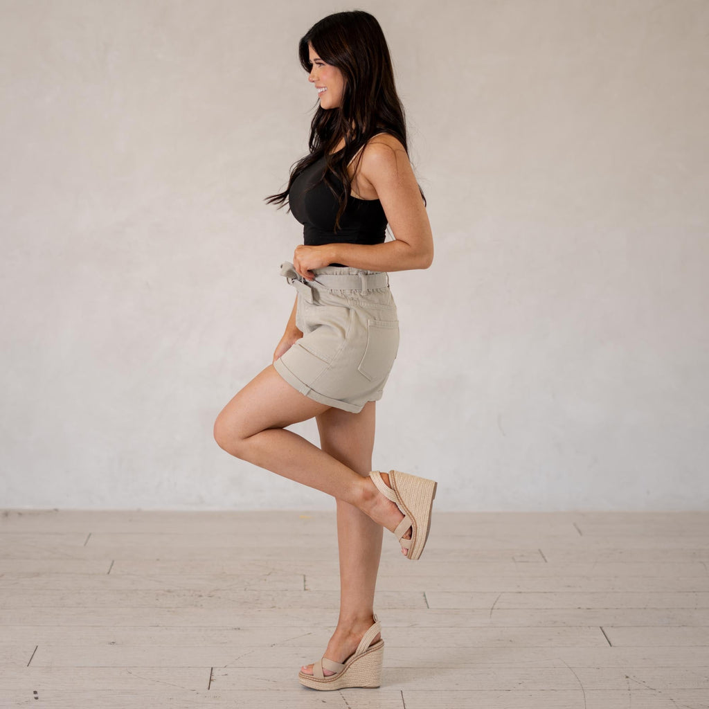 KanCan Laquell Ultra High Rise Belted Paperbag Shorts Khaki