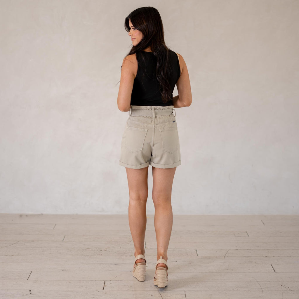 KanCan Laquell Ultra High Rise Belted Paperbag Shorts Khaki