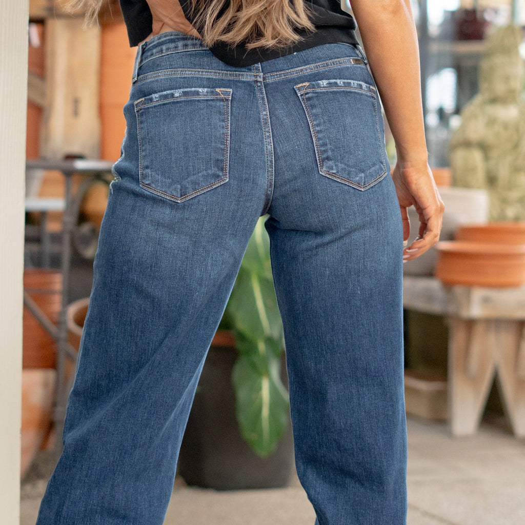KanCan Gemma Mid Rise Wide Leg Dark Blue Wash
