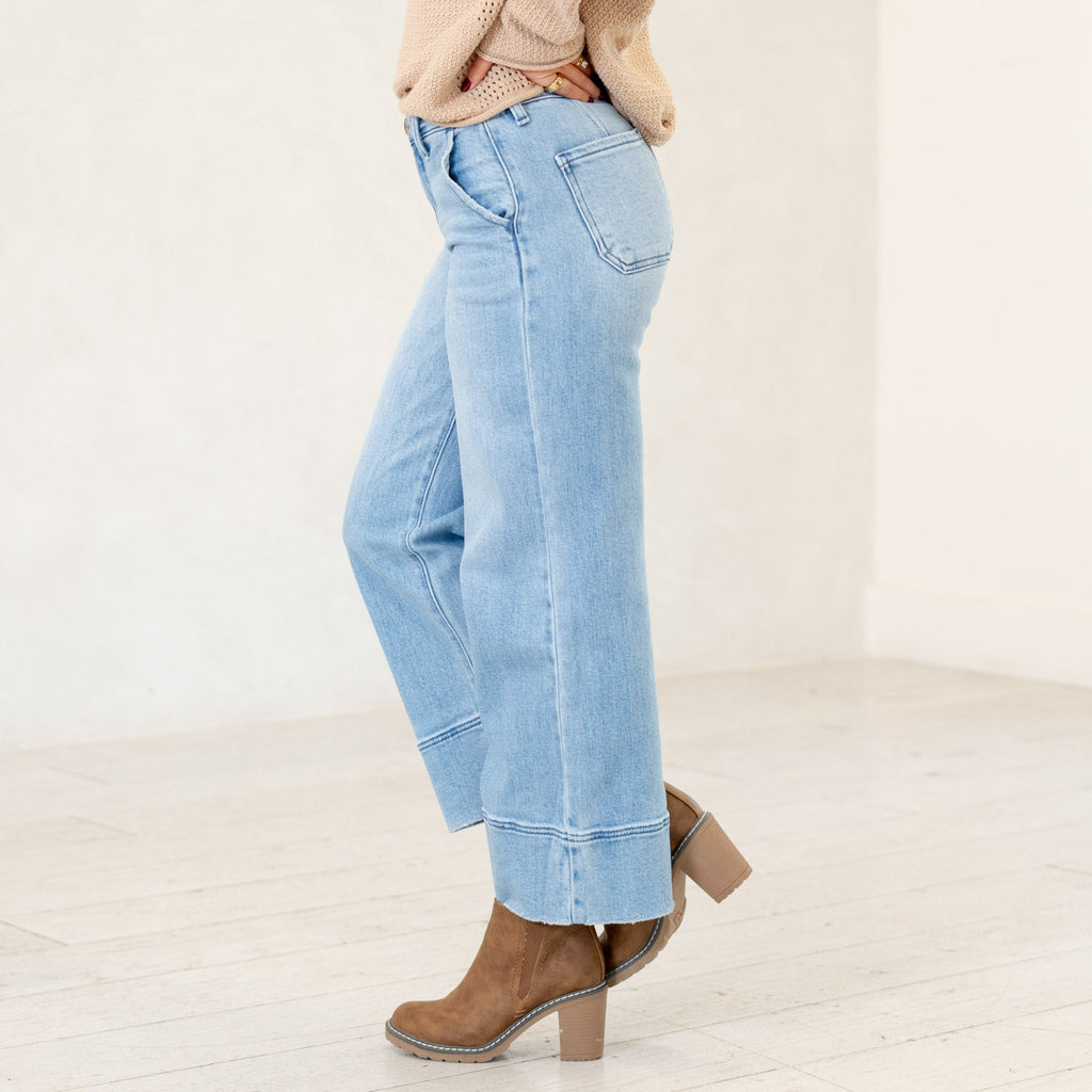 KanCan Darla High Rise Cropped Wide Leg Jeans Medium Blue Wash