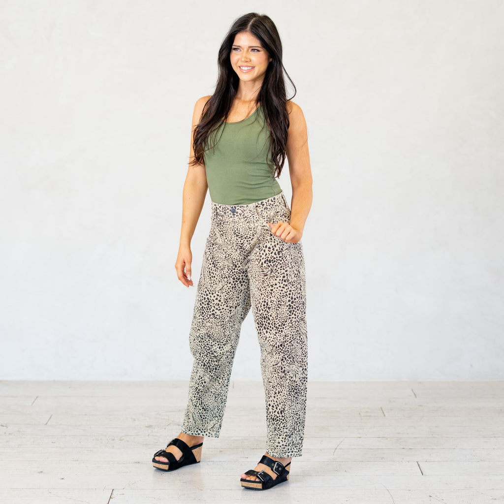 KanCan Animal Print Lydia Low Slung Barrel Corduroy Pants Beige