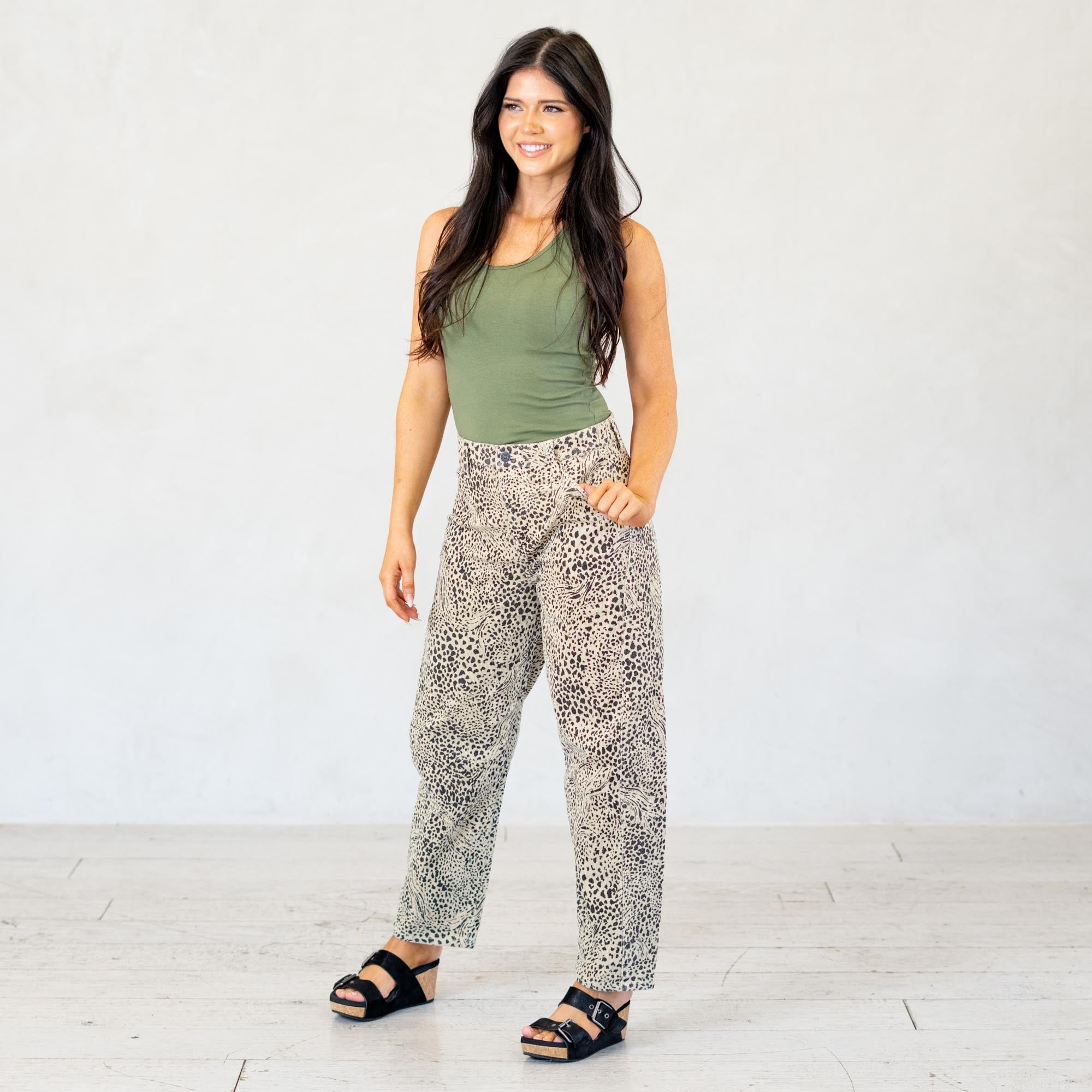 KanCan Animal Print Lydia Low Slung Barrel Corduroy Pants Beige