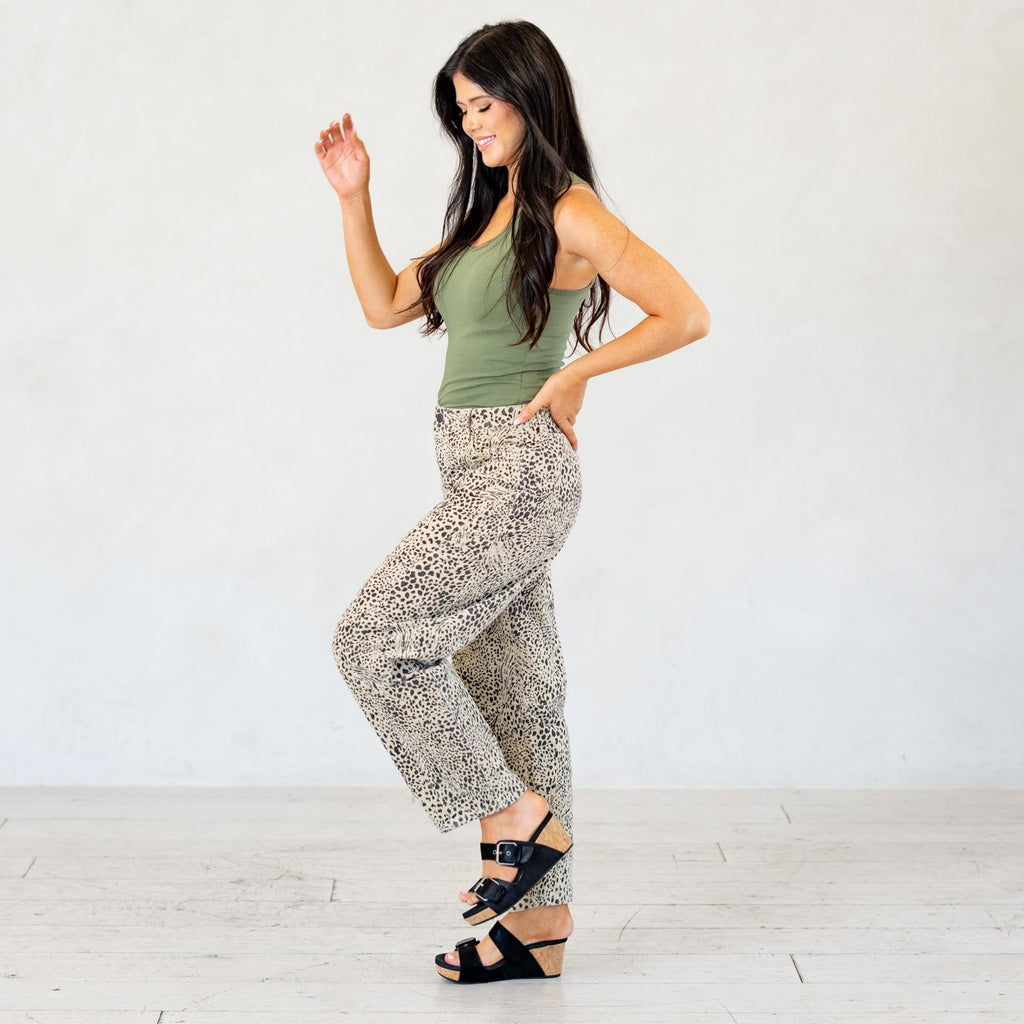 KanCan Animal Print Lydia Low Slung Barrel Corduroy Pants Beige
