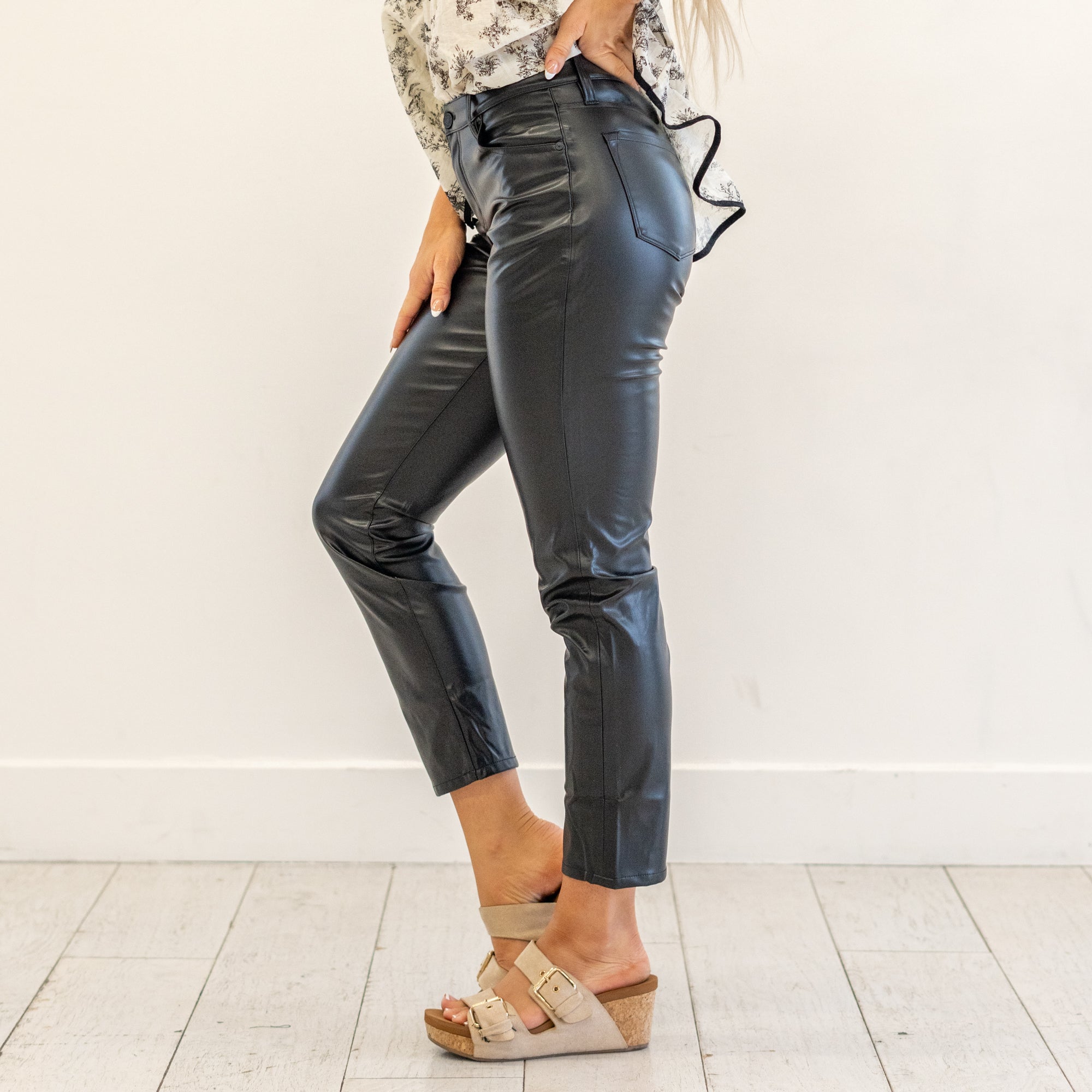 Rudi High Rise Faux Leather Slim Straight Leg