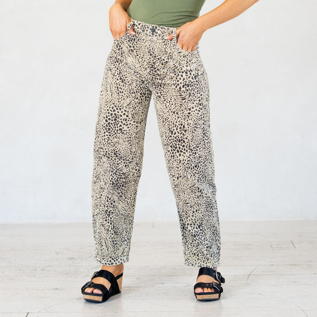 KanCan Animal Print Lydia Low Slung Barrel Corduroy Pants Beige