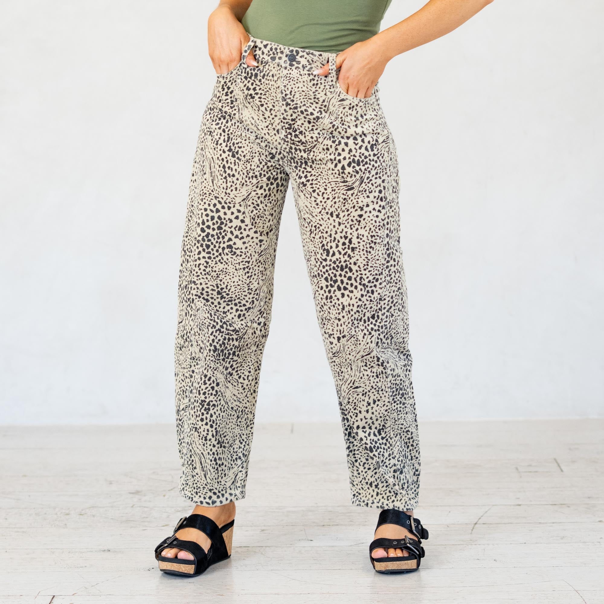 KanCan Animal Print Lydia Low Slung Barrel Corduroy Pants Beige