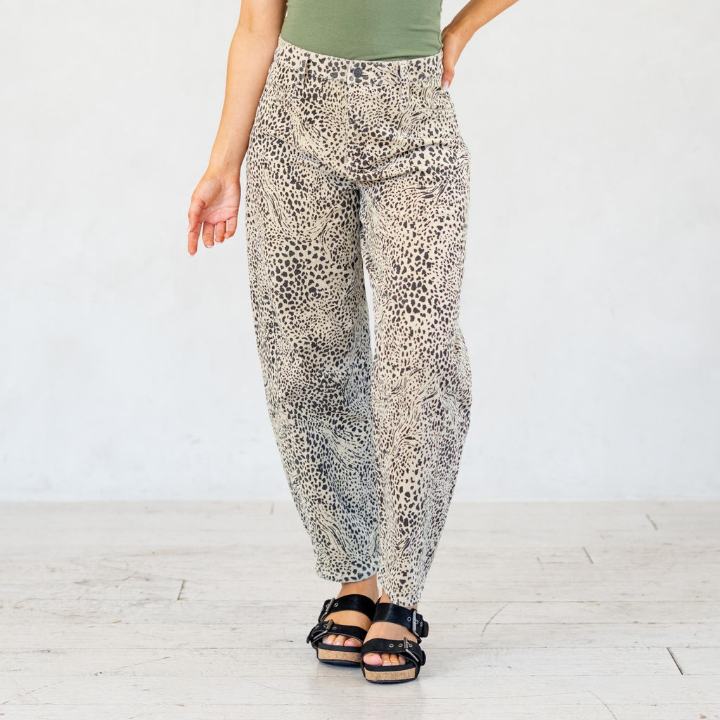 KanCan Animal Print Lydia Low Slung Barrel Corduroy Pants Beige