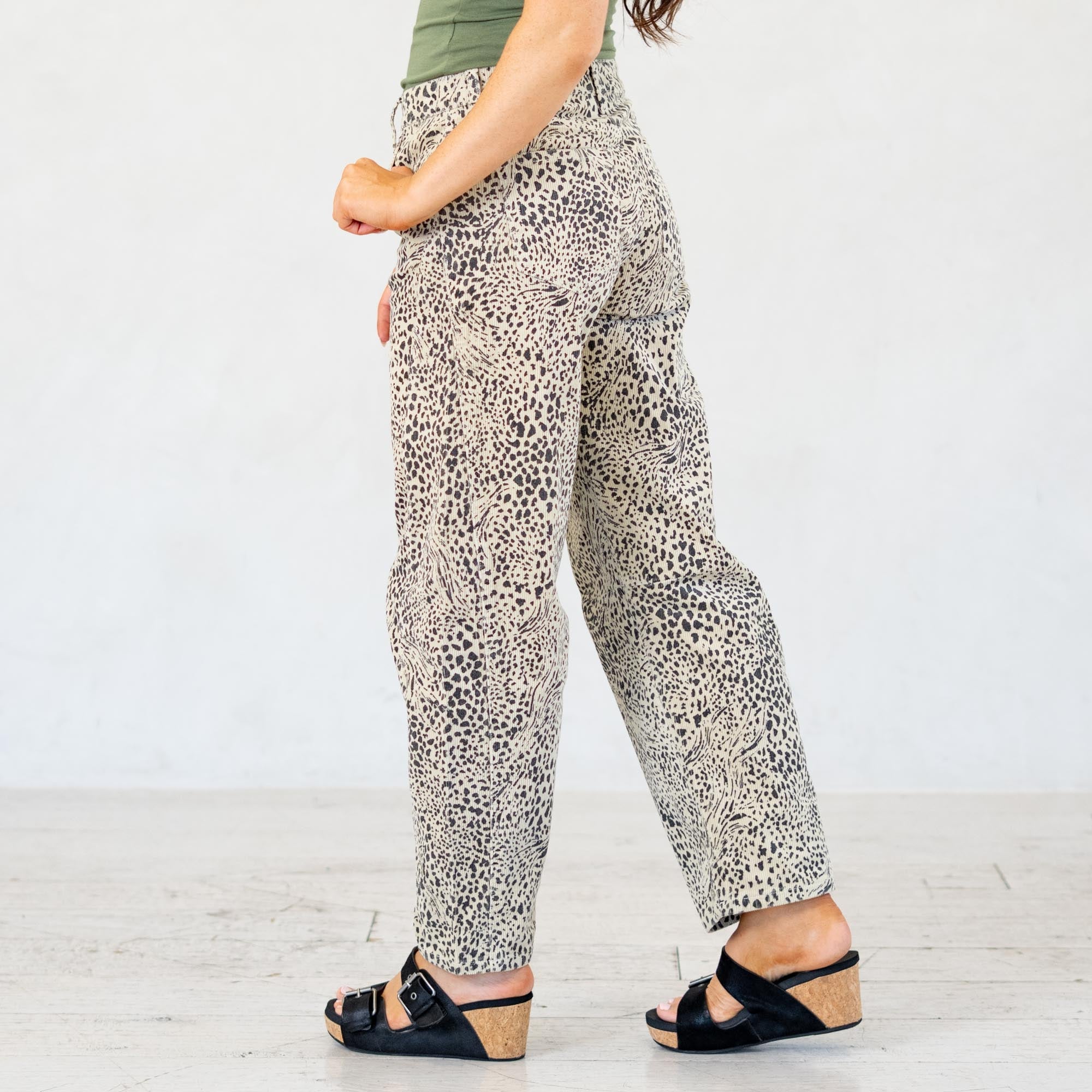 KanCan Animal Print Lydia Low Slung Barrel Corduroy Pants Beige