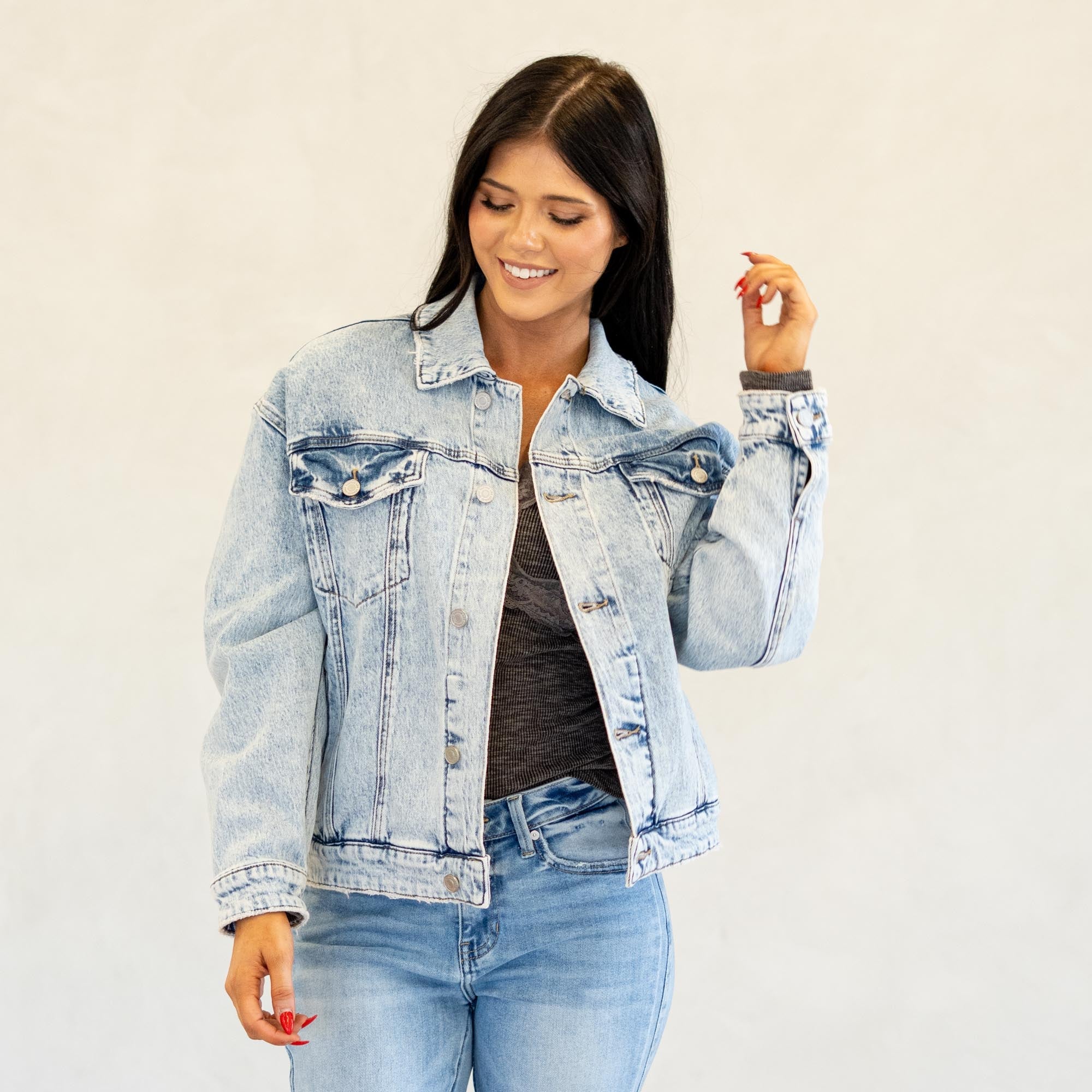 KanCan Illanie Oversized Denim Jacket Light Blue Wash
