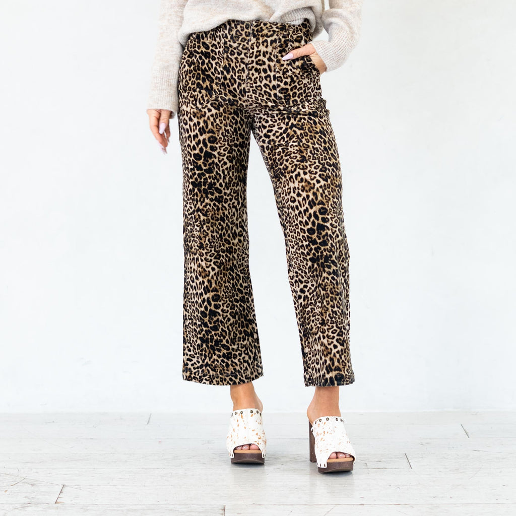KanCan Tilly Ultra High Rise Leopard Corduroy Wide Leg Pants