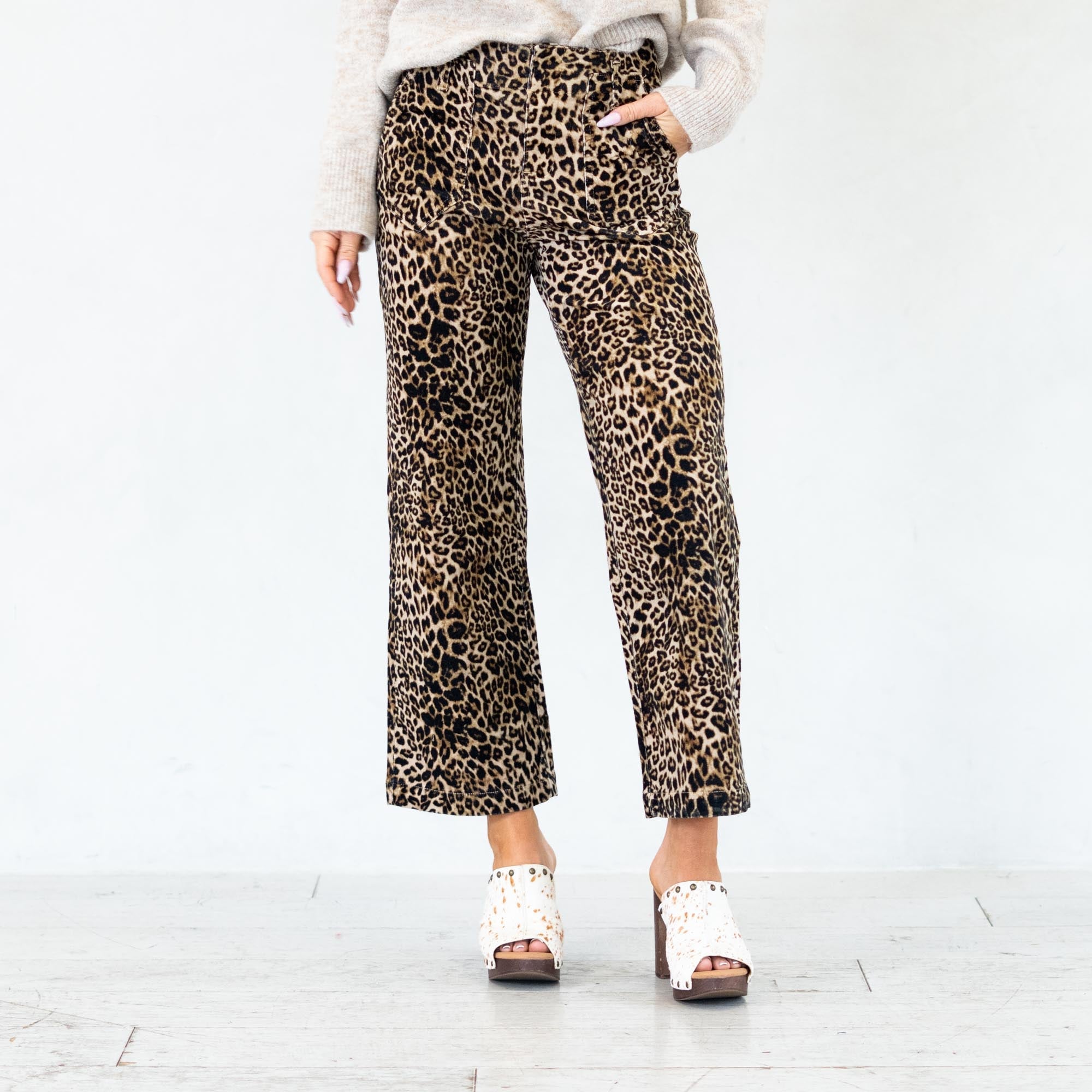 KanCan Tilly Ultra High Rise Leopard Corduroy Wide Leg Pants