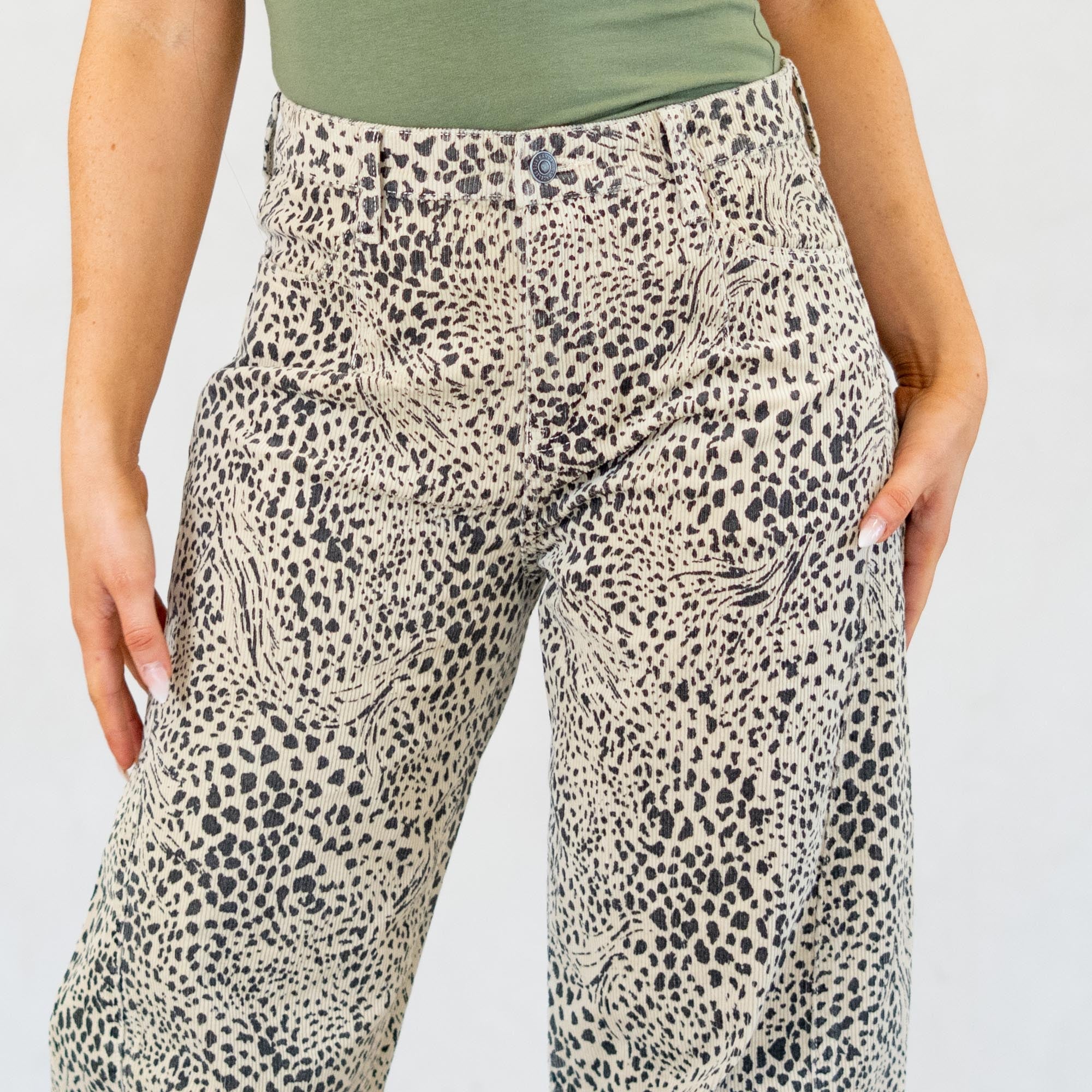KanCan Animal Print Lydia Low Slung Barrel Corduroy Pants Beige