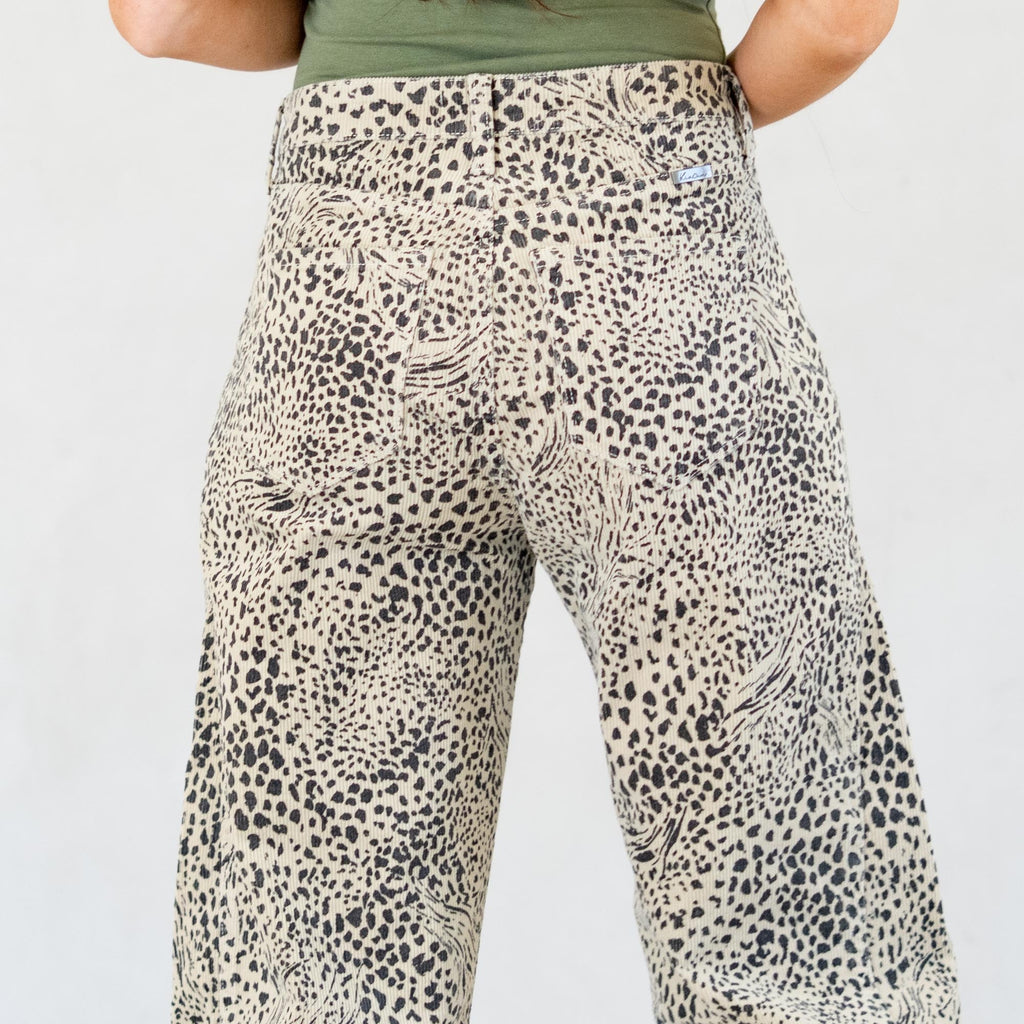KanCan Animal Print Lydia Low Slung Barrel Corduroy Pants Beige