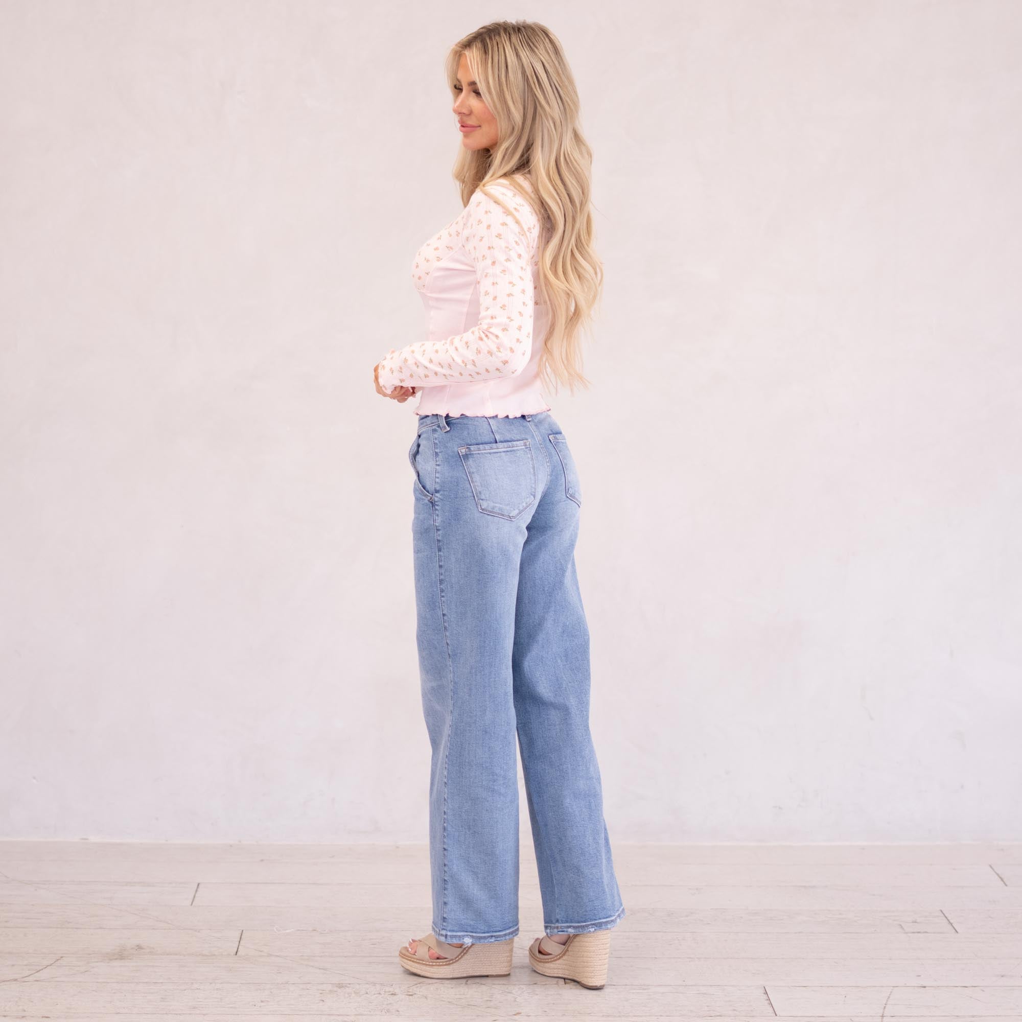 KanCan Alma Essentials Mid Rise Wide Leg Trouser Leg Medium Blue