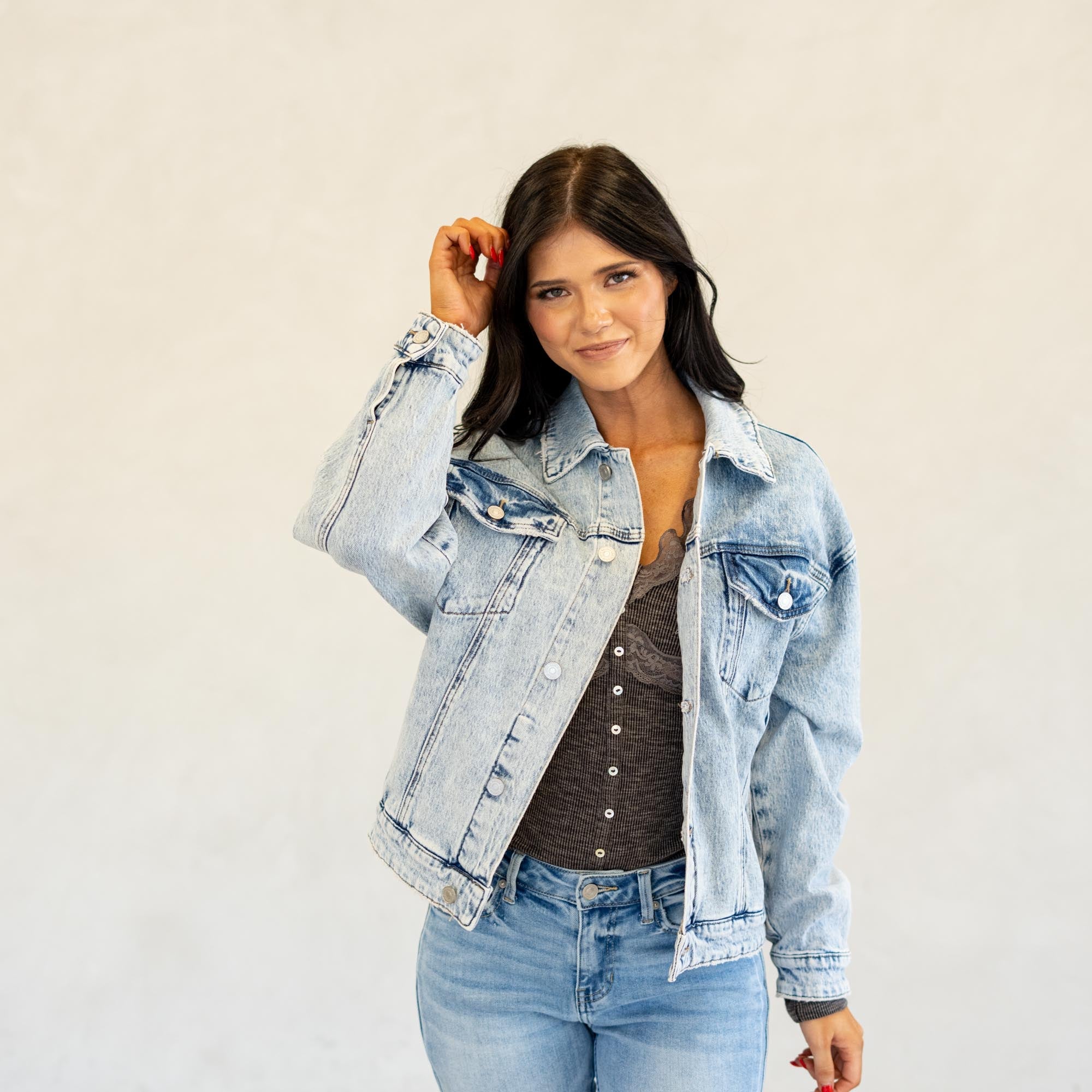 KanCan Illanie Oversized Denim Jacket Light Blue Wash
