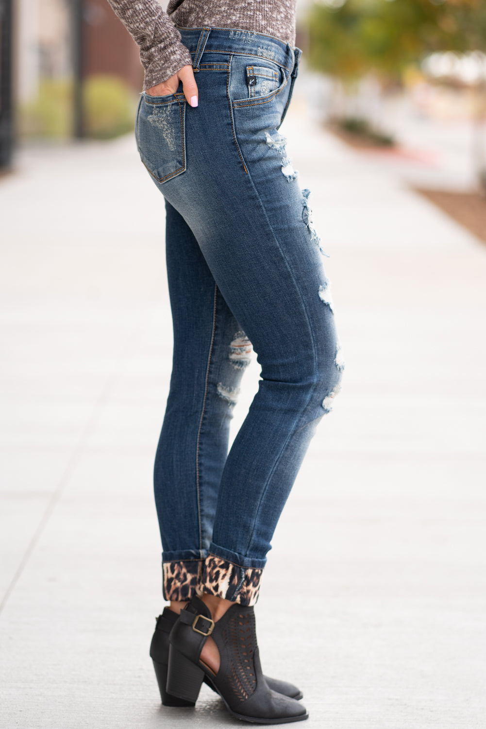 KanCan Mason Mid Rise Leopard Patch Skinny Jeans Dark Blue Wash